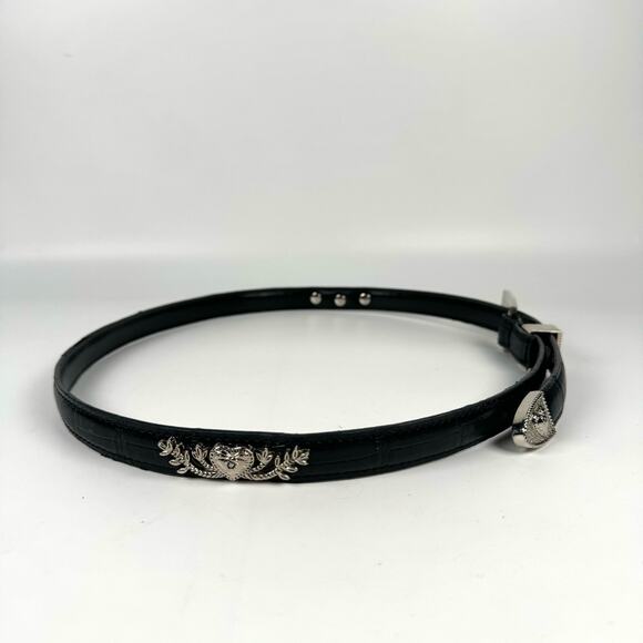 Unbranded Women's Black Western Boho Silver Rectangle Buckle Hearts Skinny Belt - Picture 4 of 6
